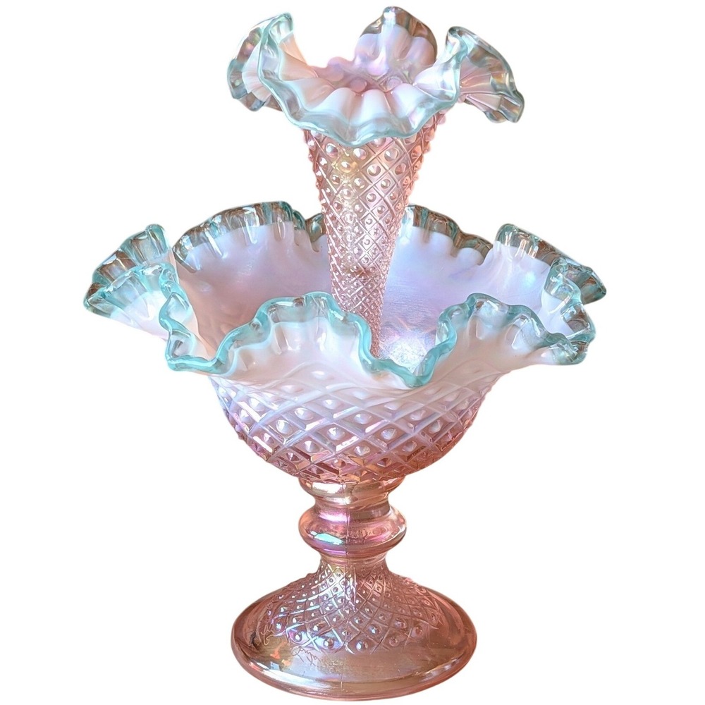 Pink Opalescent Carnival Glass Diamond Lace Epergne Signed Bill Fenton Rare